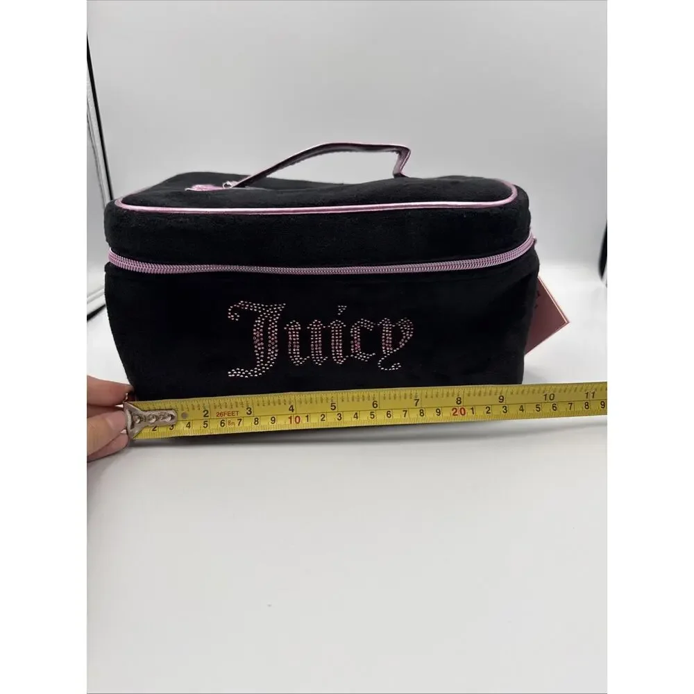 Juicy Couture Black Valour Rhinestone Makeup Bag Train Case Pink Handle NWT